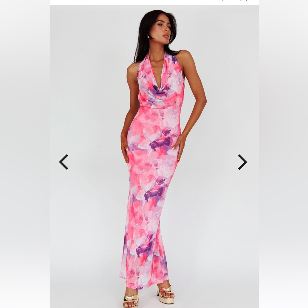 Angel Biba Selfie Leslie Janika Halterneck Maxi Dress Floral Pink size xl